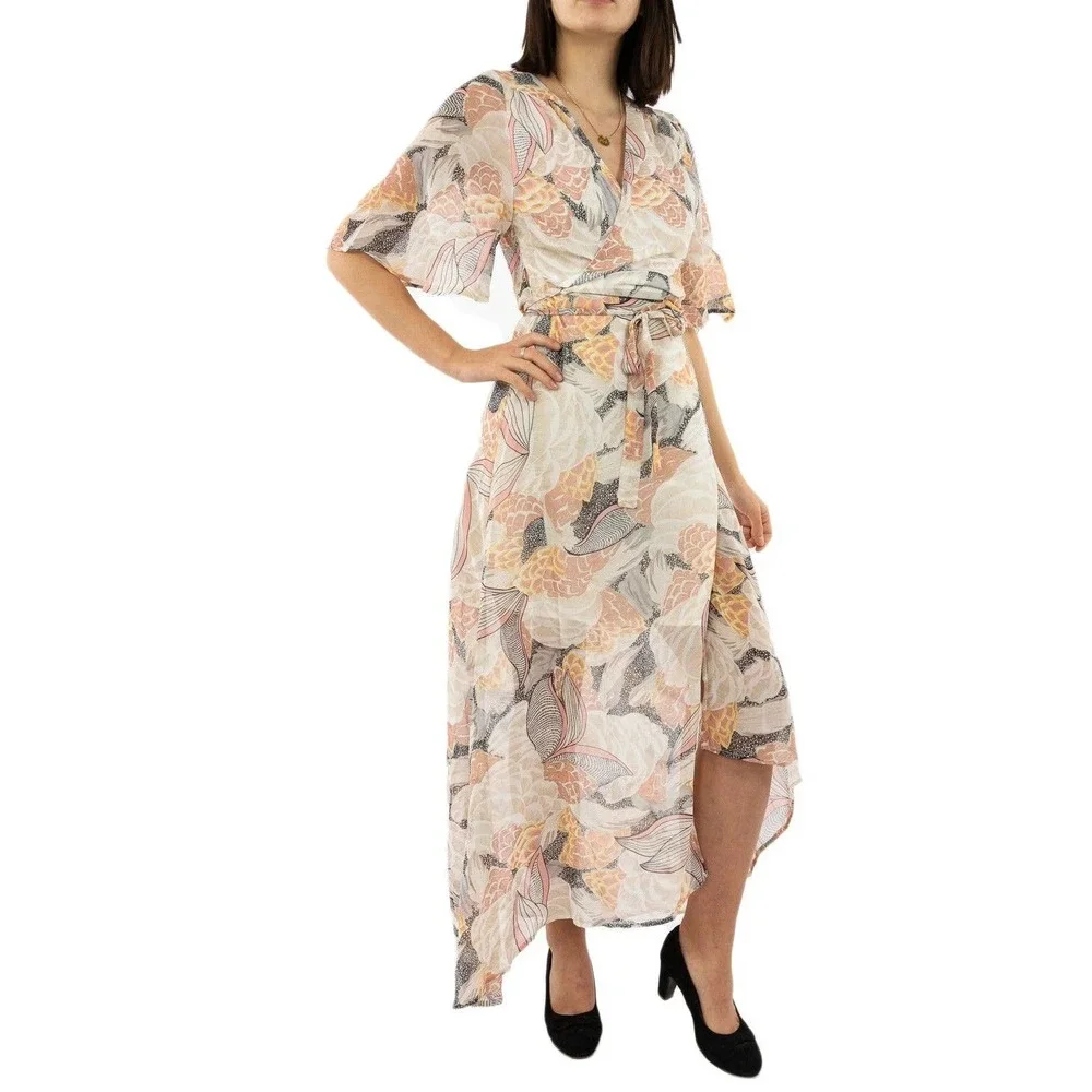 Molly Bracken Maxi Dress Medium Pink Lotus Floral Print Wrap Short Sleeve NWT - Picture 12 of 13